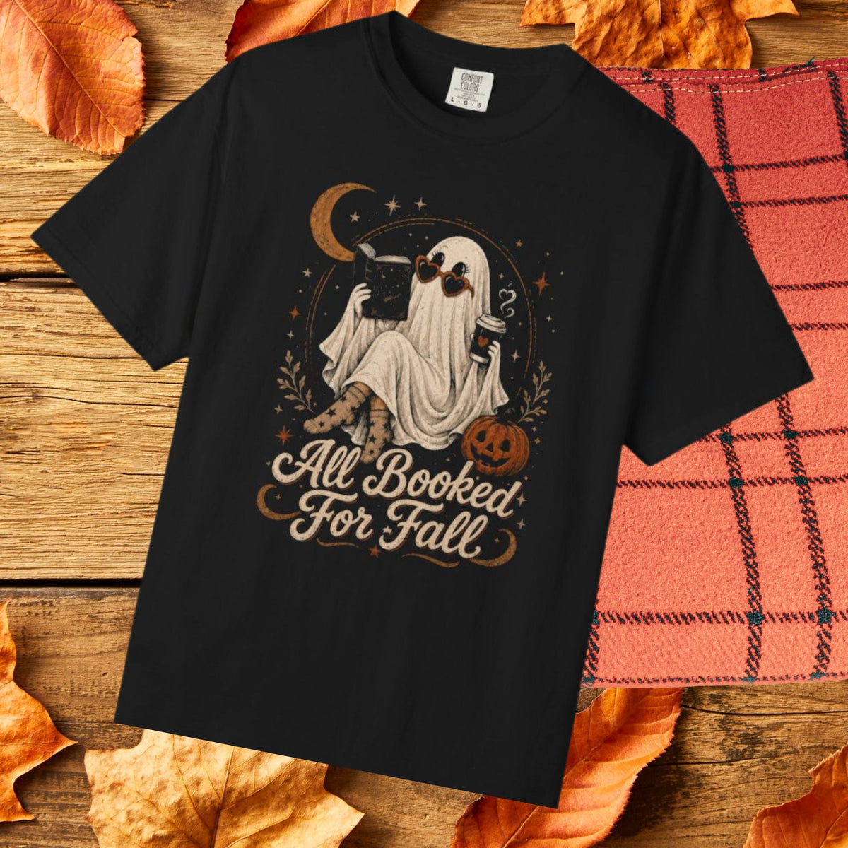 Fall Ghost T-Shirt — "All Booked For Fall" Cozy Halloween Reading Tee